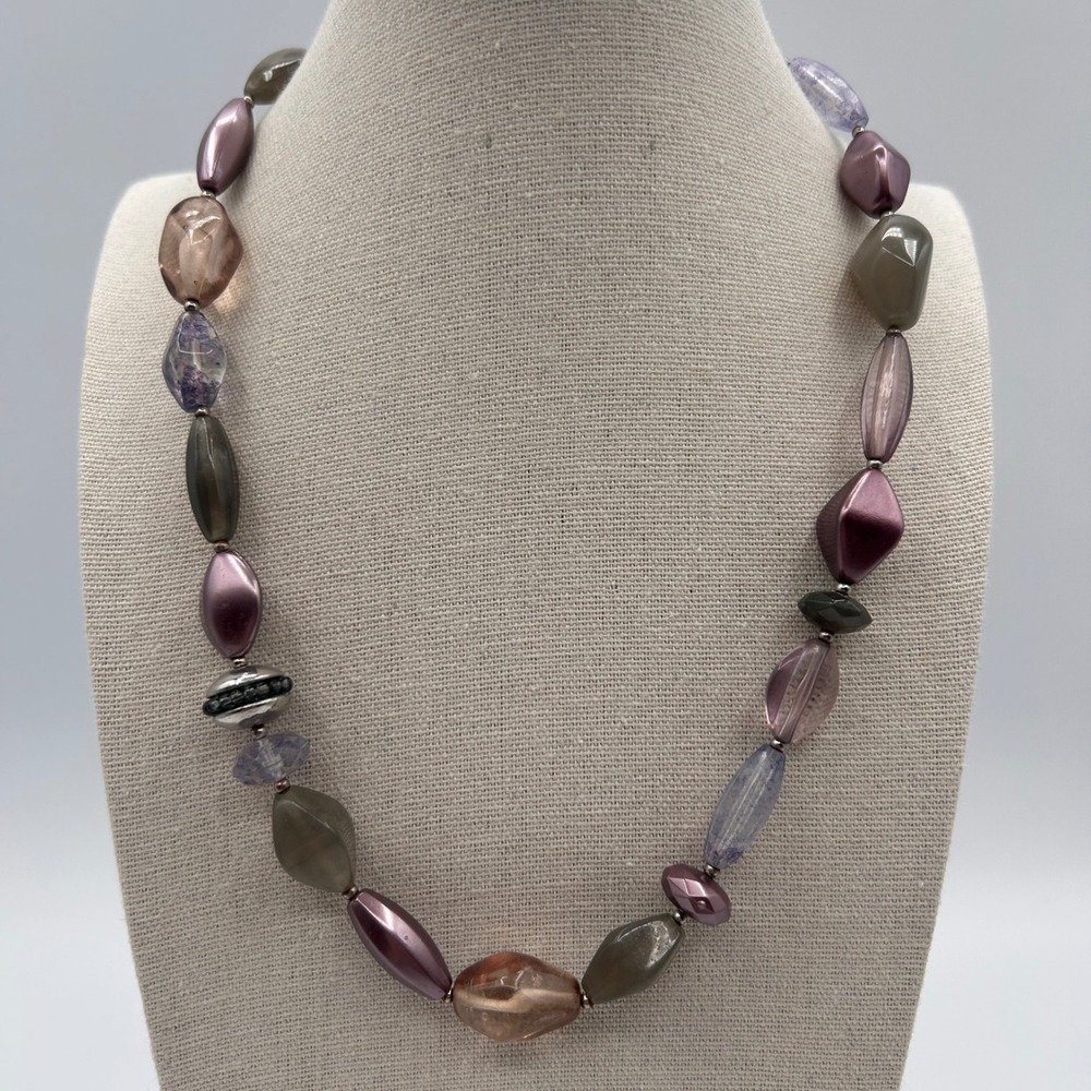 Mauve Lavender Grey Beaded Statement Necklace‎ Adjustable Silver Tone Clasp 18"